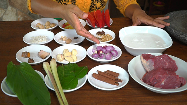 Ingredients for Rendang, a popular dish made by simmering beef with coconut milk and spices