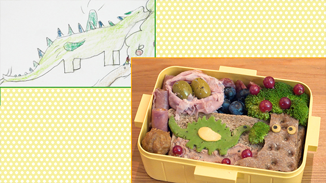 Inspired by her daughter Phoebe’s drawing, Silvia creates a dinosaur bento with salami, quail pâté, two kinds of ham and a blood sausage.