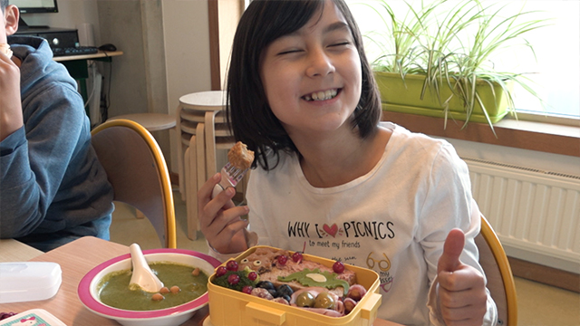 Phoebe has a fun lunchtime thanks to her mom’s delicious bento and soup, made with love!