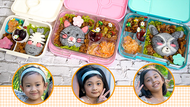 Regine uses natural colorings to make pink and gray onigiri, which she then turns into a zebra, a kitty cat, and a raccoon to represent her daughters. She packs these with Tom's sisig, and for a side dish she includes atchara, a type of pickles. This completes her cute kyara-ben, packed with Filipino cuisine!