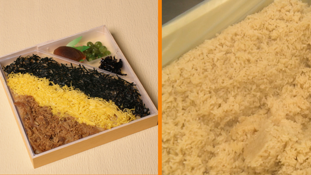 The umami-rich chicken rice is topped with sweet and savory chicken, a shredded omelet, and nori. A time-honored bento that remains a favorite with the people of Fukuoka.