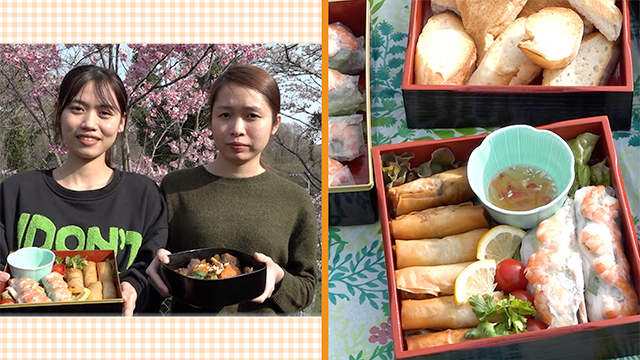 Fukuyama City has a thriving shipbuilding industry. Tram and Zao, from Vietnam, work at a nursing home here. They make a bento for a staff picnic under the cherry blossoms.