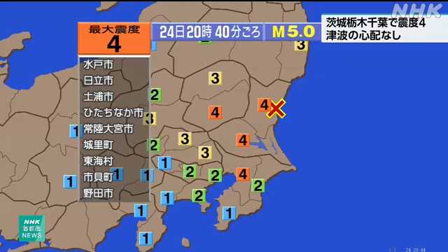 栃木で震度４の地震 津波の心配なし