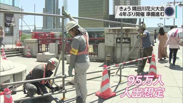 Sumida River Fireworks Festival Preparations such as installation of traffic control signboards around the venue | NHK