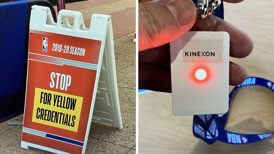 color-coded sign at some entrance & a badge with sensor