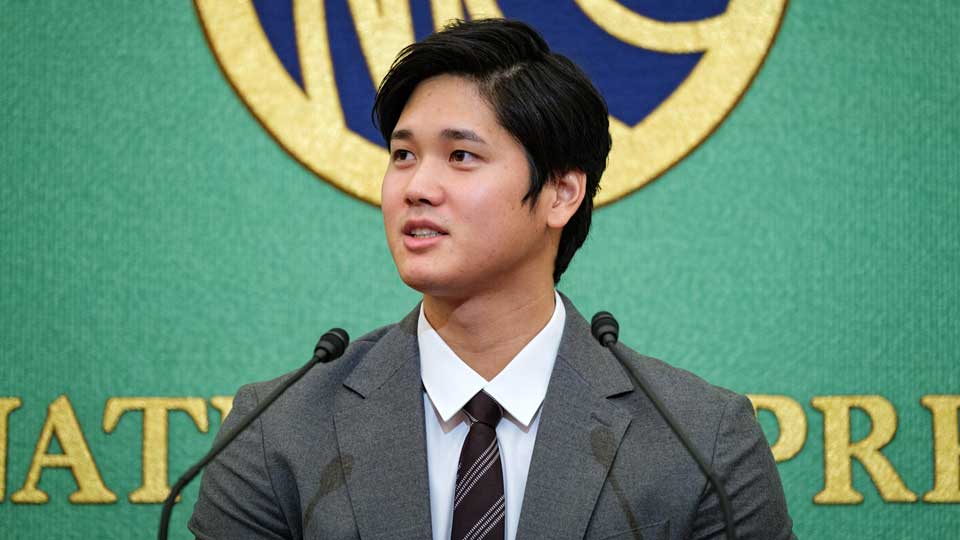 Ohtani at a news conference