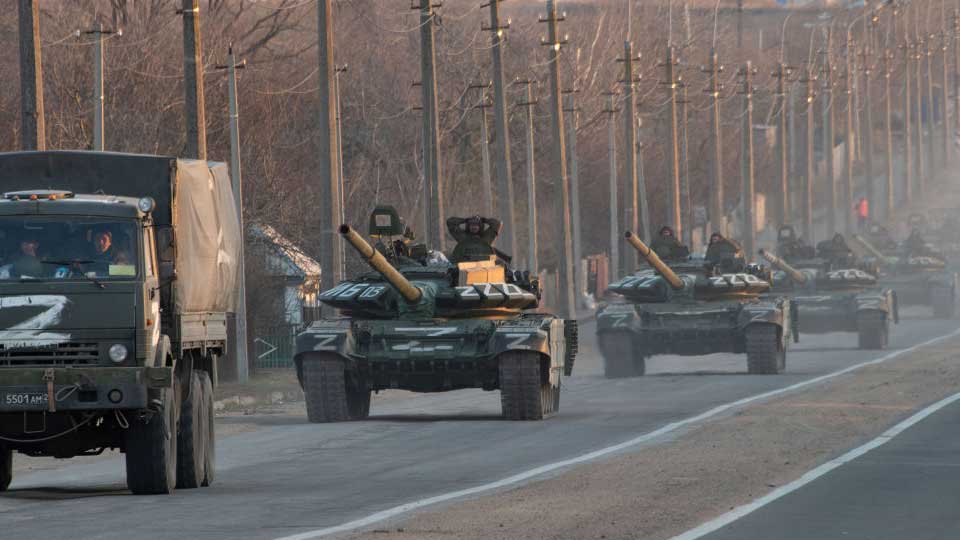 Russian tanks marked with the Z symbol advance towards Ukrainian port city of Mariupol, in March, 2022.