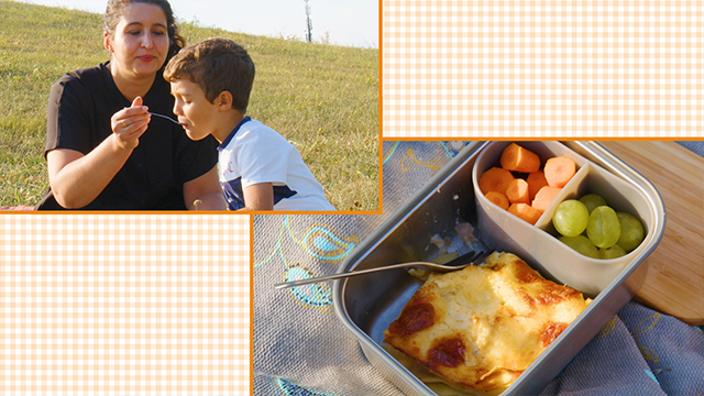 A lasagna bento featuring a rich combination of four of Italy’s most famous cheeses and silky pasta. It’s her nephew, Niccolò’s favorite!