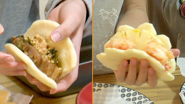 Teresa prepares two types of fillings. One is the standard gua bao filling of braised pork belly and homemade peanut powder. For the other filling, she adds juicy and sweet Taiwanese pineapple to deep-fried shrimp mixed with mayonnaise.