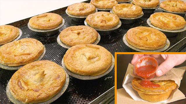 After baking in the oven, the meat pies oozing with rich filling are done. Aussie meat pies are designed to be topped with ketchup and with your hands.