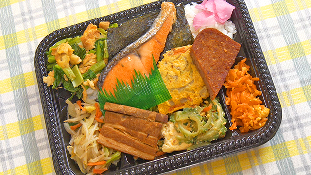 A substantial bento packed with Goya Champuru, Rafute, and other Okinawan tastes of home.