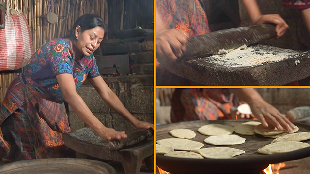 After reconstituting the dried maize in a special hot water, she grinds it into a paste, using a mortar that's been in her family for three generations. The dough is then flattened into rounds and cooked on a clay griddle.