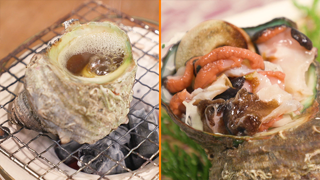 The local specialty is sazae, or turban shell, which has a briny scent and crunchy texture similar to abalone. Sazae are typically grilled in their shell or eaten as sashimi.