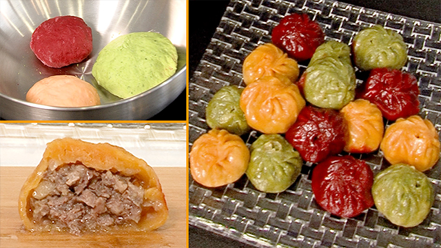 For today's bento, she's making buuz: dumplings stuffed with minced mutton. Dulguun makes her buuz colorful by kneading beets, spinach, and carrots into the dough.