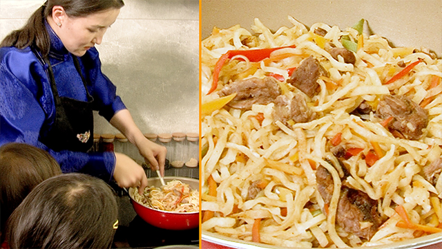 She also makes a colorful stir-fried dish of noodles, mutton, red bell peppers, beets, and carrots. It looks yummy!