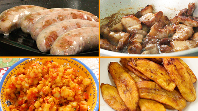 Toasted plantain leaves are used to wrap various dishes to make “fiambre,” a traditional meal commonly eaten by people who work outdoors. Today's fiambre includes fried plantains, chorizo sausages, pork chops, deep-fried pork belly, and a stewed vegetables fragrant with cumin.
