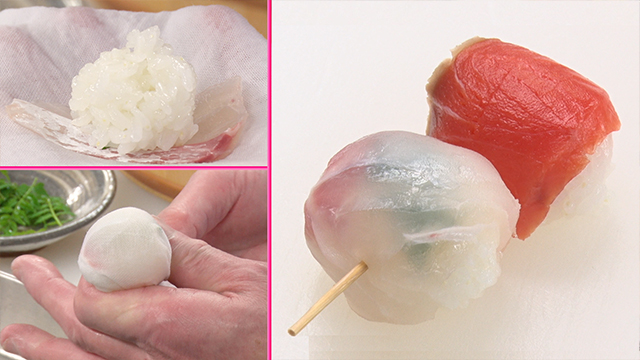 These bite-size sushi balls are made by wrapping sushi rice, sakuradai, and kinome in a cloth. Threaded on a skewer along with similarly made salmon sushi, they make a cute and delicious finger food perfect for hanami.