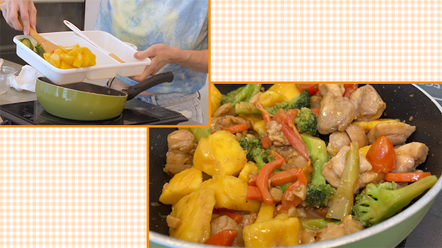 Her concern over food loss has led her to focus on making bentos with imperfect produce. Today, she’s using imperfect mangos to make a tropical and fruity stir-fry. Sweet mangos and umami-rich chicken are a great match.
