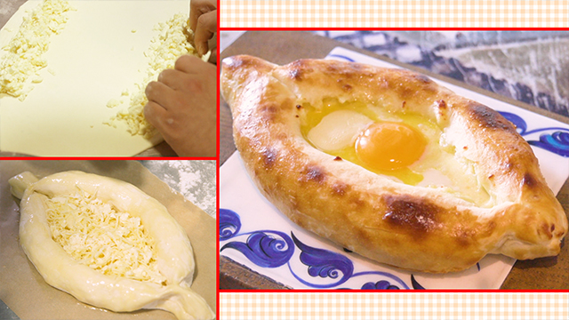 Khachapuri, bread filled with cheese, is regarded by many as a national comfort food. There are many variations on this dish, but the most popular type comes in the shape of a boat and is topped with egg yolk and butter.