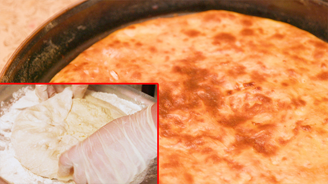 Tata uses equal amounts of cheese and dough for her khachapuri. She wraps the cheese in dough and coats it with an egg wash that contains yogurt. After it’s baked, she cuts it so it will fit easily into a bento box.