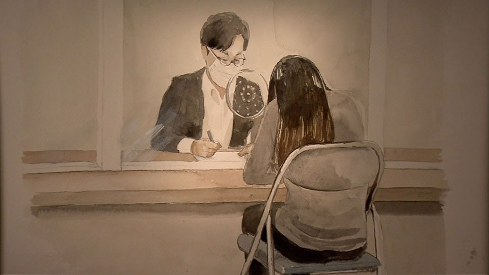 A sketch of an NHK reporter’s meeting with the trainee at the police detention center