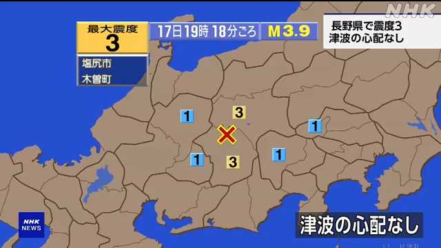 長野県で震度３（１９：１８）